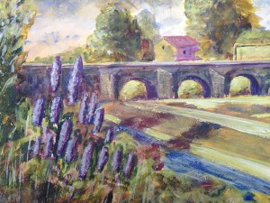 The bridge at la Rochfoucald, the plants were striking although I managed to make them too stiff. Acrylic, limited pallete